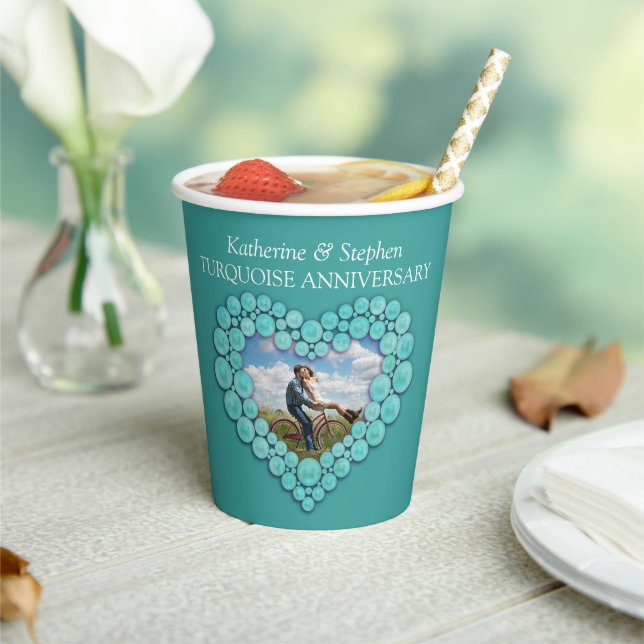 11th Turquoise Wedding anniversary heart photo Paper Cups (Insitu)