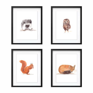 11x14 Woodland Cute WatercolorForest Animals set