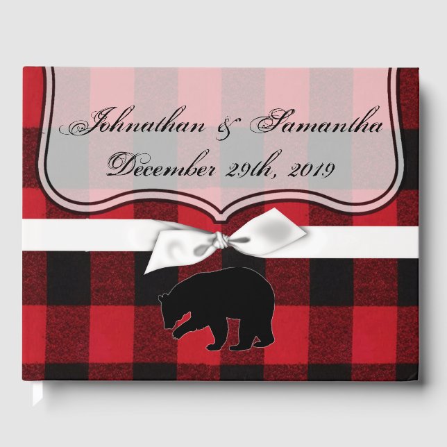 122 Page Wedding Guestbook Red Buffalo Plaid Bear (Front)
