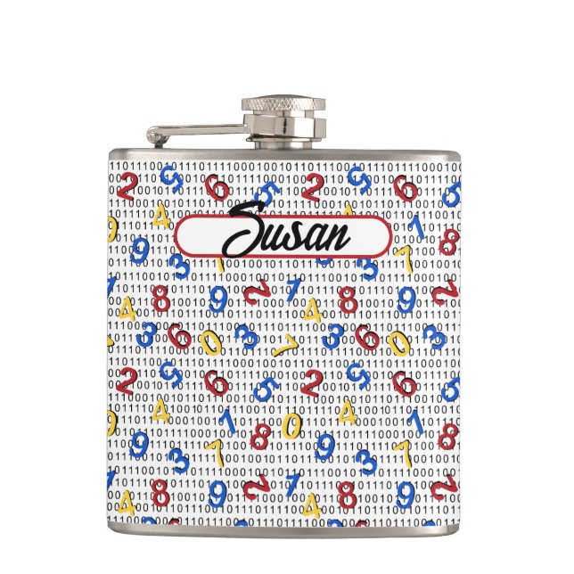 123 Numbers Red Yellow Blue Black White Binary Hip Flask (Front)