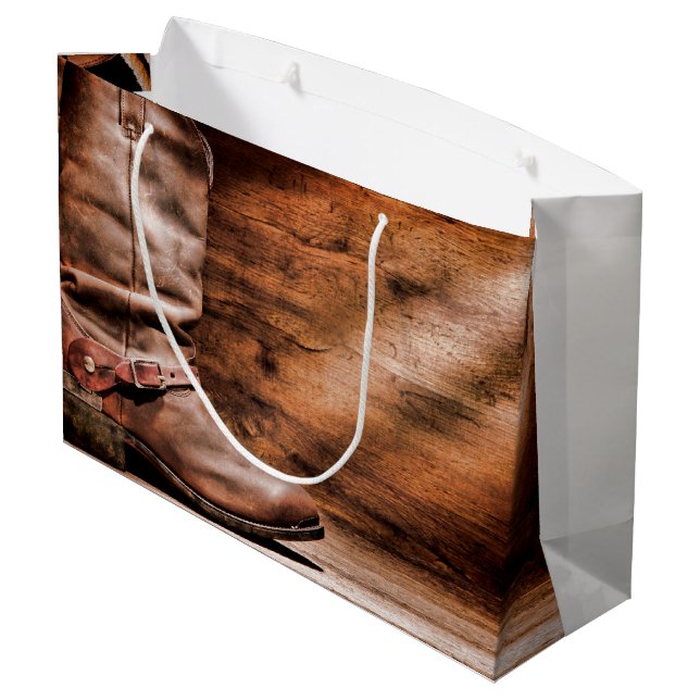 12.5lx4wx9h Large Gift Bag Cowboy Boots Barn Wood (Back Angled)