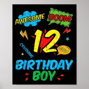12 Birthday Boy Comic 12th Bday Superhero Party Bo Poster