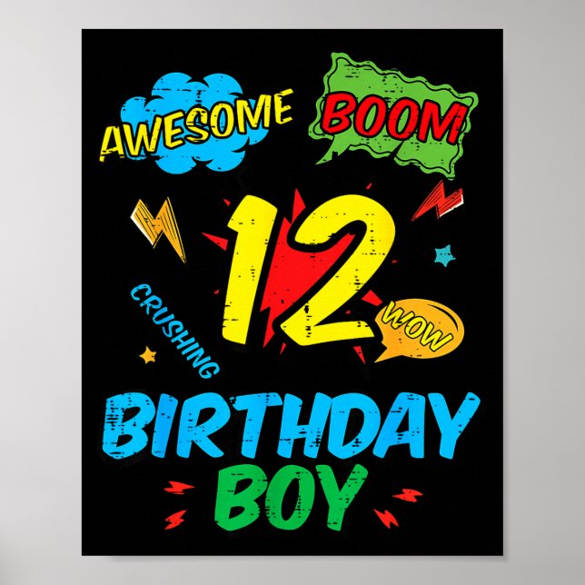 12 Birthday Boy Comic 12th Bday Superhero Party Bo Poster (Front)