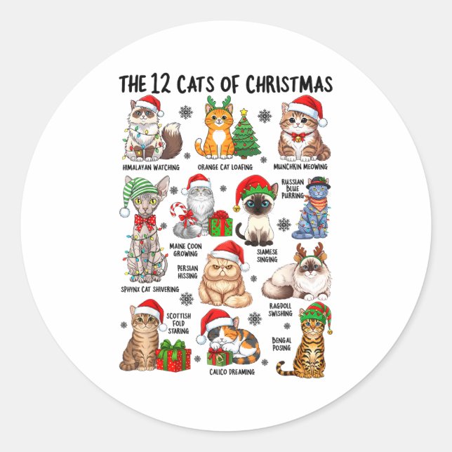 12 Cats Of Christmas Funny Xmas Cat Lover Holiday  Classic Round Sticker (Front)