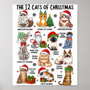 12 Cats Of Christmas Funny Xmas Cat Lover Holiday  Poster