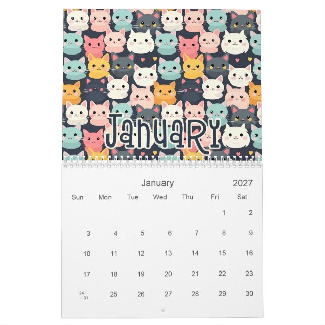 12 Cute Cat Seamless Patterns Designs  Calendar (Jan 2027)