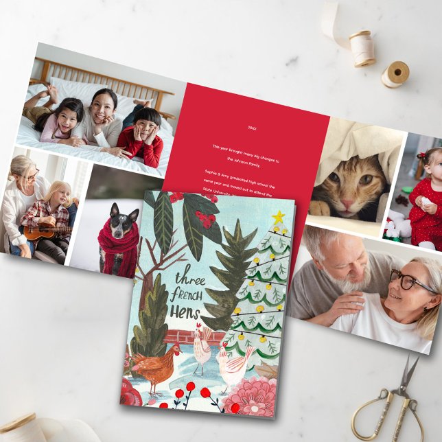 12 days Christmas Three French Hens Photo Holiday Tri-Fold Invitation (Tri Fold 12 Days of Christmas, Three French Hens illustrations Photo Greeting Card)