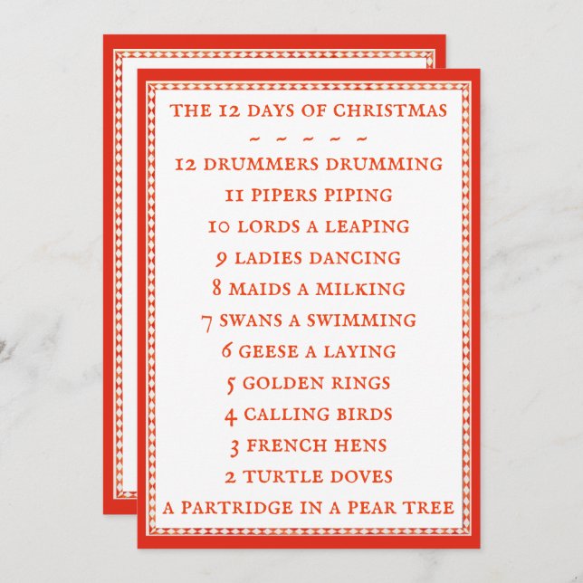 12 DAYS LYRICS 5x7 Flat Card II  (Front/Back)