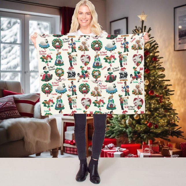 12 Days of Christmas Add Name Cute Felt Ornaments Fleece Blanket (Creator Uploaded)