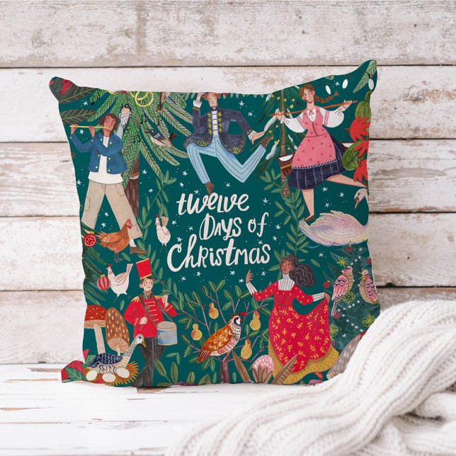 12 Days of Christmas dark green Cushion (twelve days of Christmas traditional vintage retro decoration.)