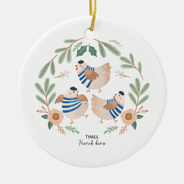 12 Days of Christmas Holiday Traditional Hens Ceramic Tree Decoration (Front)