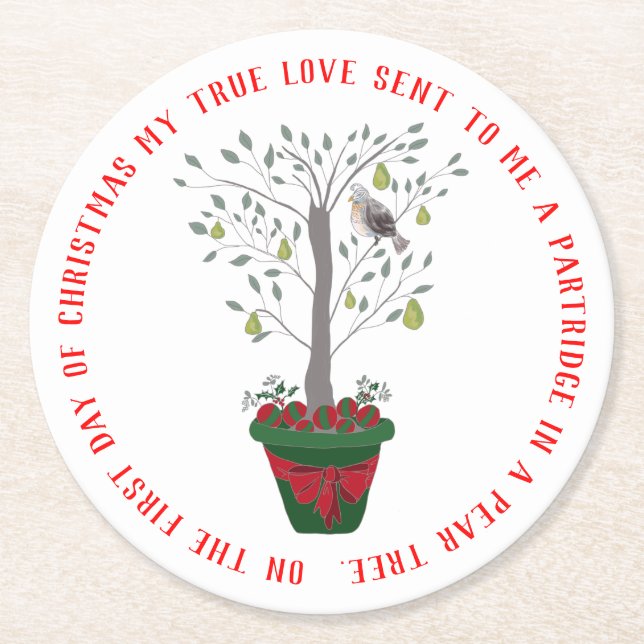 12 Days of Christmas Partridge in a Pear Tree Round Paper Coaster (Front)