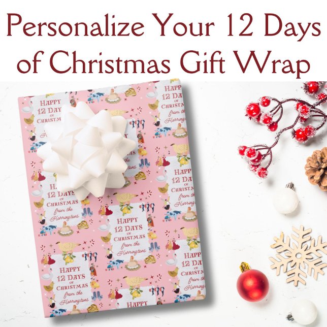12 Days of Christmas Pastel Pink Personalised  Wrapping Paper Sheet (This cute pastel pink holiday gift wrap features images from "The 12 Days of Christmas.")