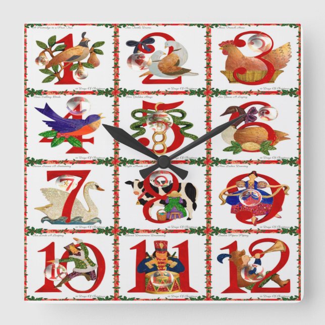 12 Days Of Christmas Quilt Print Gifts Square Wall Clock (Front)