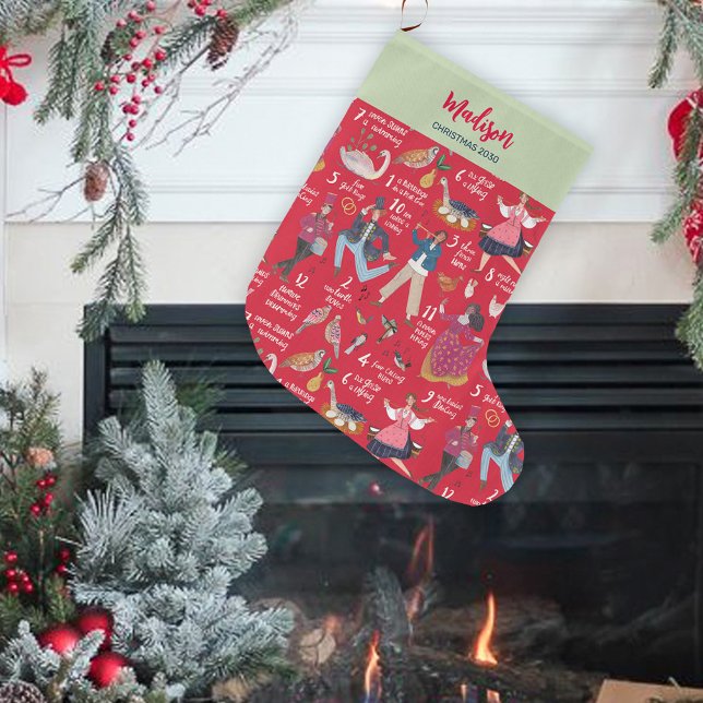 12 days of Christmas Red Green Traditional Classic Large Christmas Stocking (Traditional 12 days of Christmas Stocking)