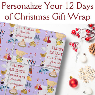 12 Days of Christmas Retro Lavender Personalised Wrapping Paper Sheet