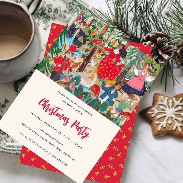 12 Days of Christmas Traditional Party Invitation (Christmas Party Invitation 12 Days of Christmas Song Illustration)