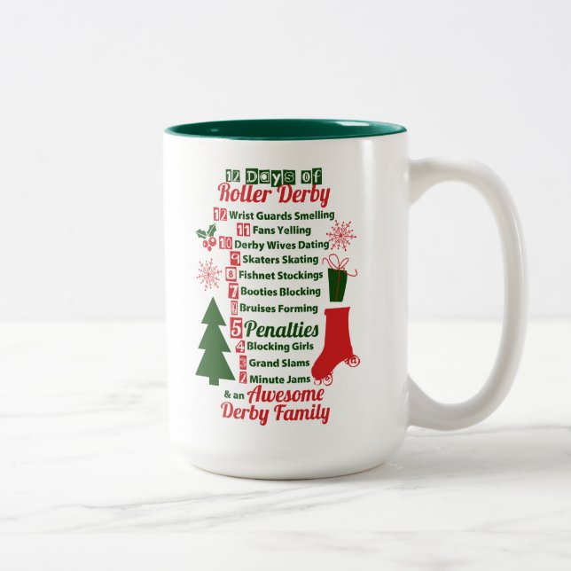 12 Days of Roller Derby Christmas, Roller Skating Two-Tone Coffee Mug (Right)