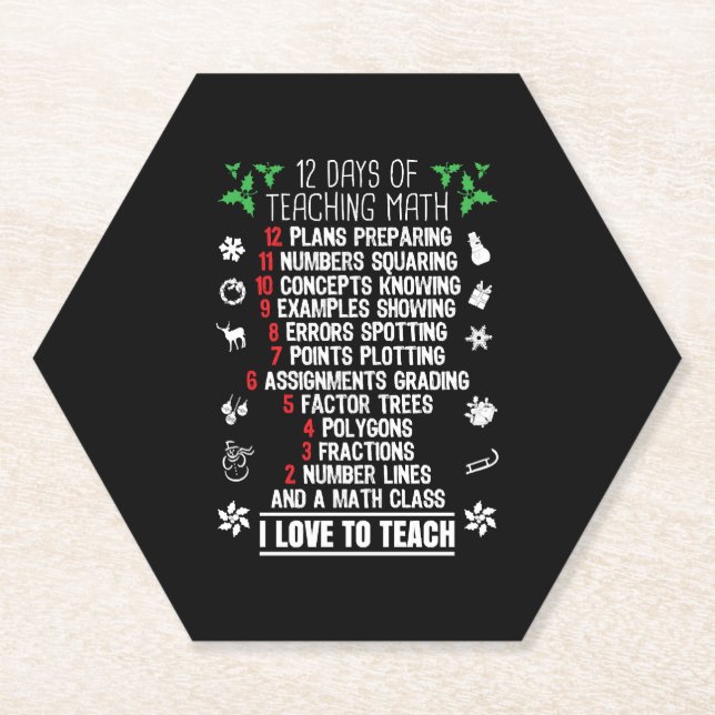 12 Days of Teaching Math Teacher Christmas Gifts Paper Coaster (Front)