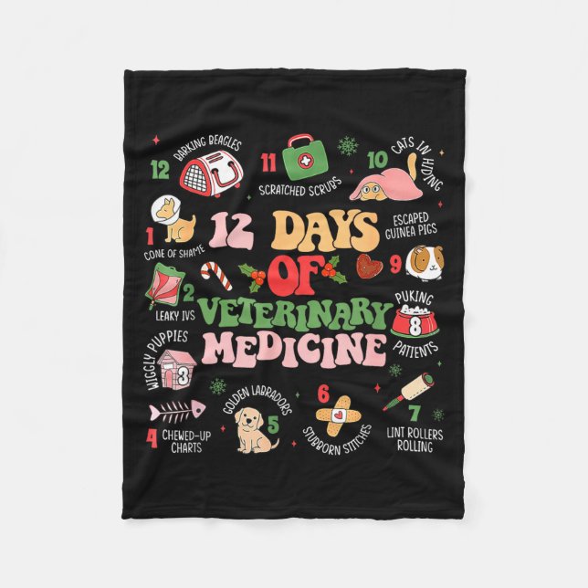 12 Days Of Veterinary Medicine Funny Christmas Vet Fleece Blanket (Front)
