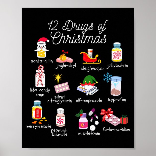 12 Drugs Of Christmas Pharmacist Technician Pharma Poster (Front)