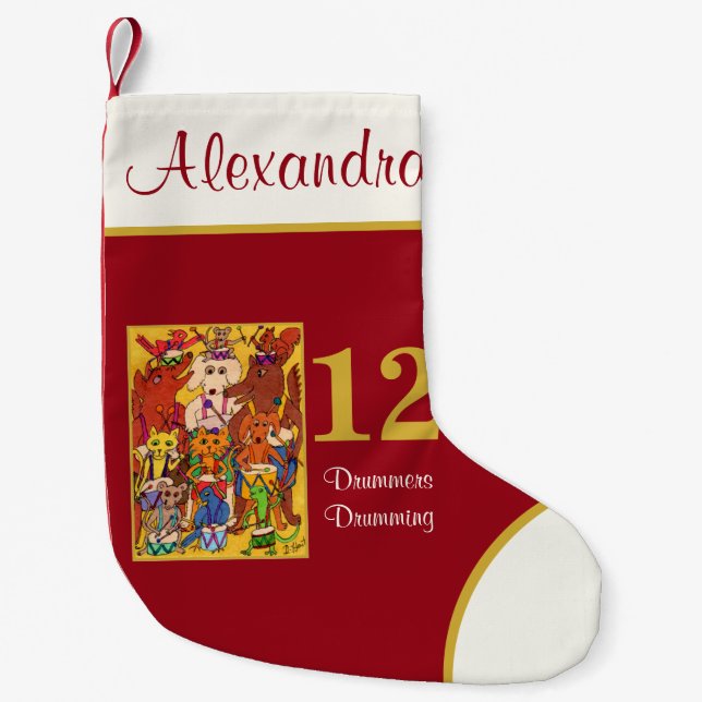 12 Drummers Drumming Cute Animals Custom Name Small Christmas Stocking (Front)