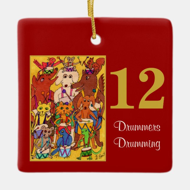 12 Drummers Drumming Cute Animals &Typography Ceramic Ornament (Front)