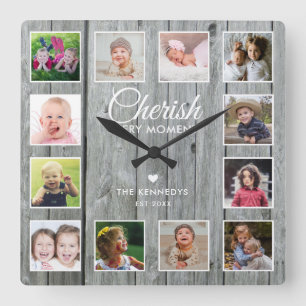 12 Family Photo Collage Cherish Quote Grey Wood   Square Wall Clock