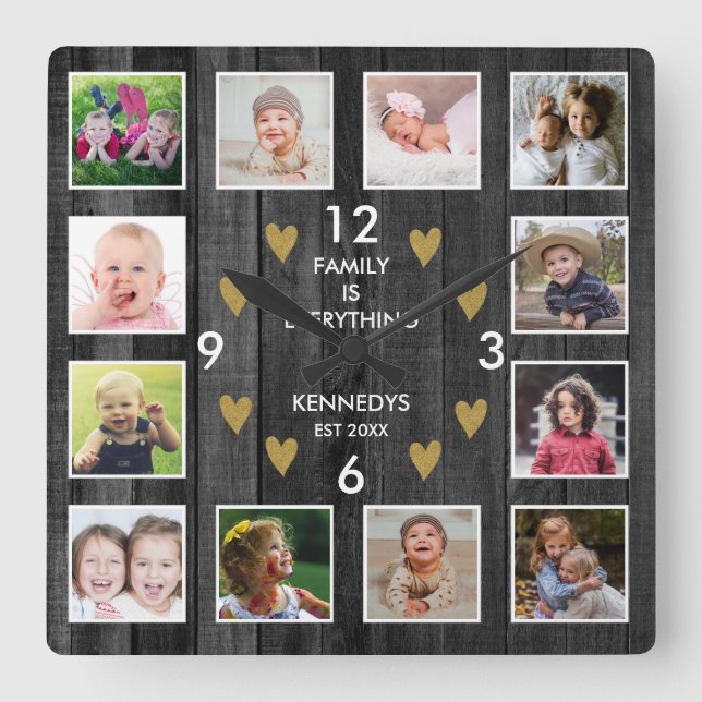 12  Family Photo Collage Pallet Wood Black Gold Square Wall Clock (Front)