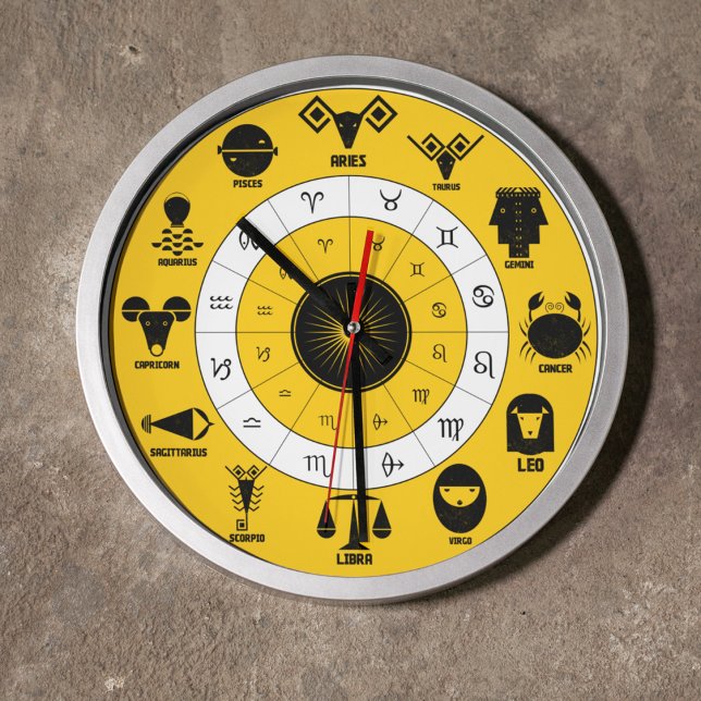 12 Indian Vedic Signs on Yellow Geometric Design Large Clock (Where Tradition Meets Every Hour.)