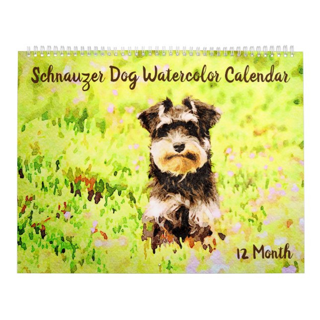 12 Month Adorable Schnauzer Dogs Watercolor Art Calendar (Cover)
