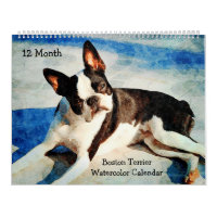 12 Month Cute Boston Terrier Dogs Watercolor Gift