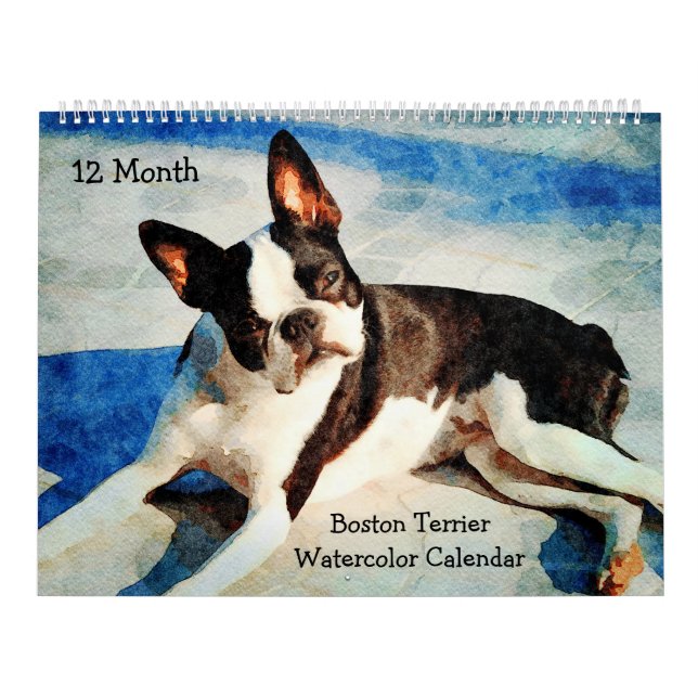 12 Month Cute Boston Terrier Dogs Watercolor Gift Calendar (Cover)