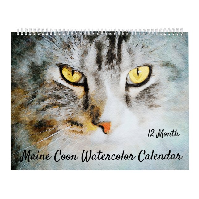 12 Month Cute Maine Coon Cats Watercolor Paintings Calendar (Cover)