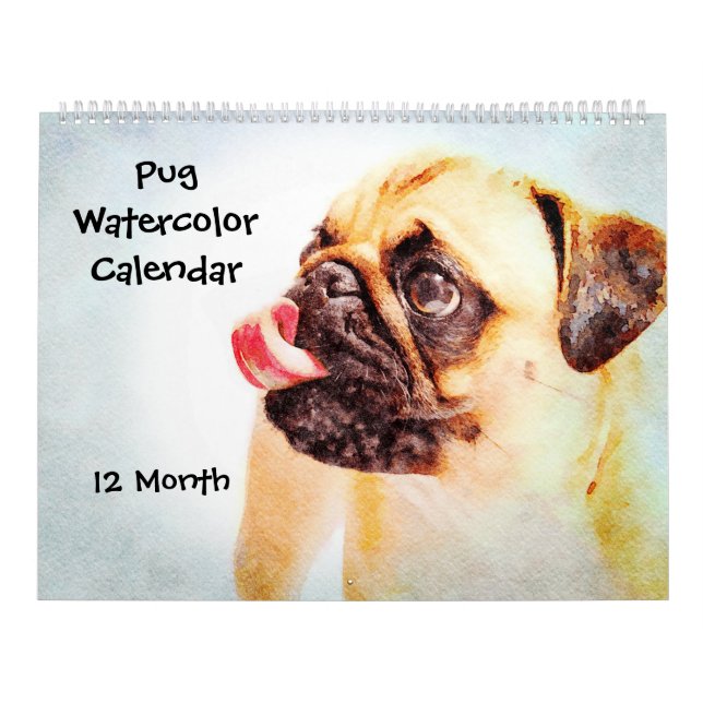 12 Month Cute Pug Dogs Pets Watercolour Art Gift Calendar (Cover)
