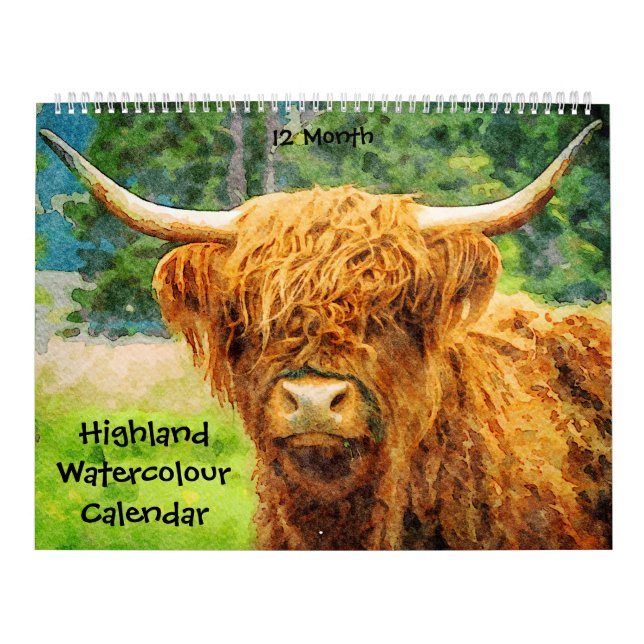 12 Month Highland Cow Cattle Watercolour Paintings Calendar (Cover)