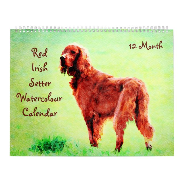 12 Month Red Irish Setter Dog Watercolor Painting Calendar (Cover)
