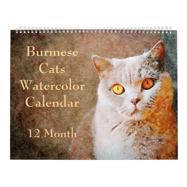 12 Month Stunning Burmese Cats Watercolor Art Calendar (Cover)