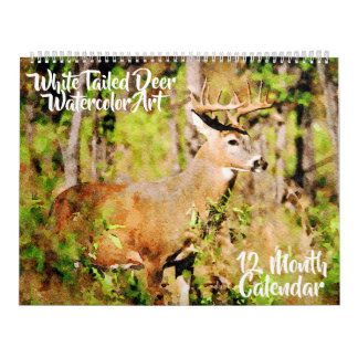 12 Month - Whitetail Deer Watercolor Wildlife Art Calendar