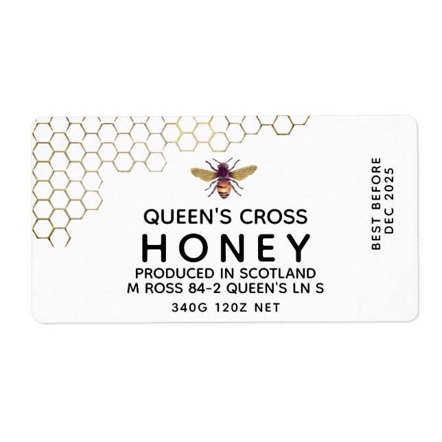 12 oz Honey Hex Jar Label with honeycomb and bee (Front)