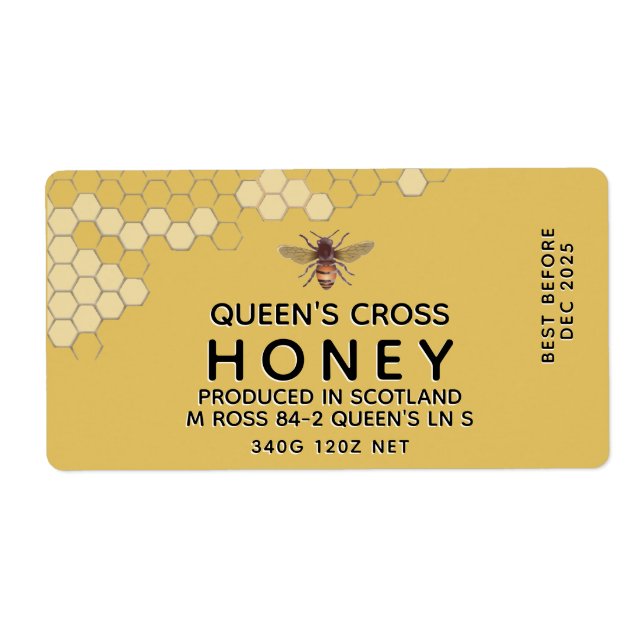 12 oz Honey Hex Jar Label with honeycomb and bee (Front)