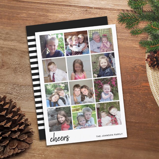 12 Photo Christmas Collage - Cheers Minimalist Holiday Card (12 Photo Holiday Card - Cheers)