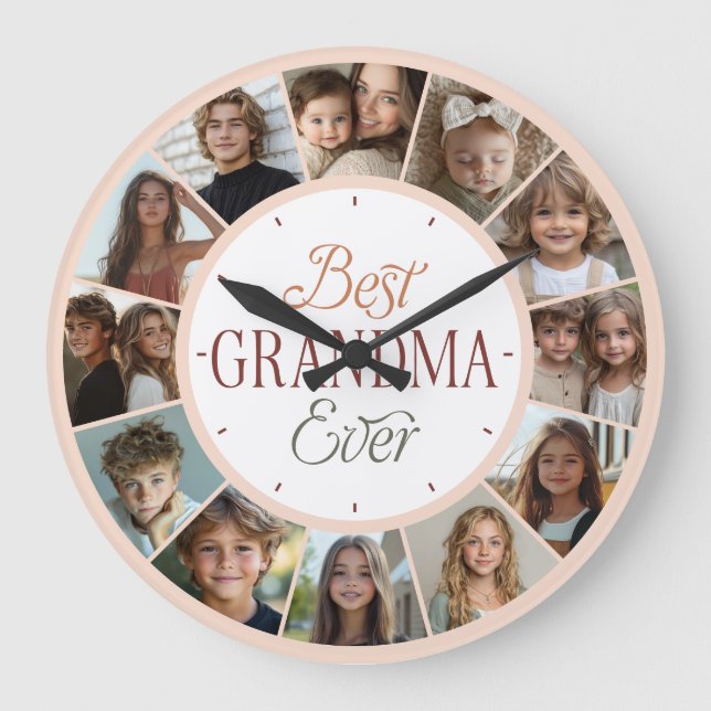 12 Photo Collage Best Grandma Ever Large Clock (Front)