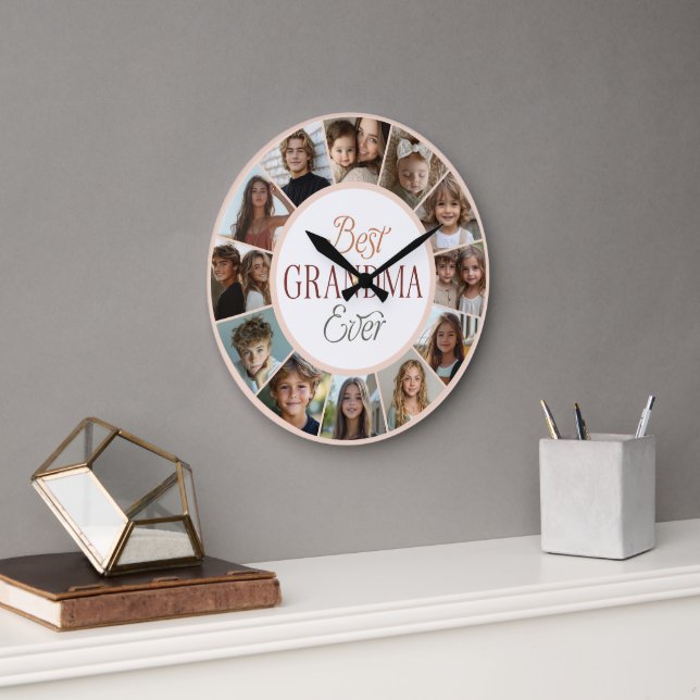 12 Photo Collage Best Grandma Ever Large Clock (Office)
