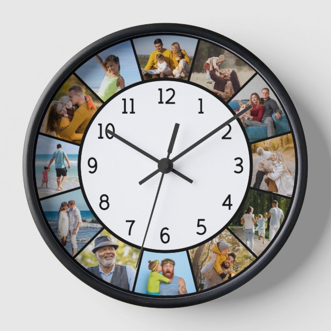 12 Photo Collage Black & White Family & Friends  Clock (Front)