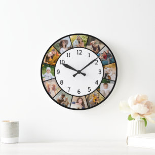 12 Photo Collage Black & White Family & Friends Large Clock