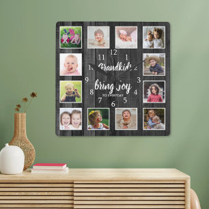 12 Photo Collage  Black Wood Grandkids Quote Square Wall Clock