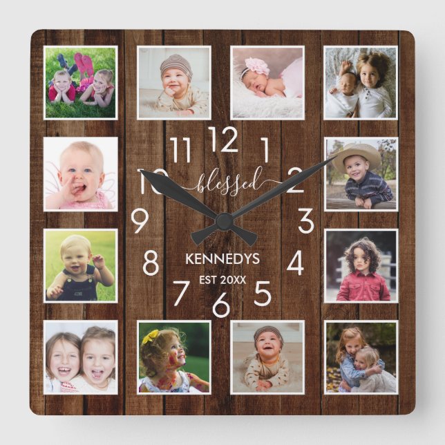 12 Photo Collage Blessed Family Name Pallet Wood Square Wall Clock (Front)