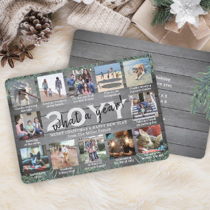 12 Photo Collage & Captions What a Year Pine Wood Holiday Card