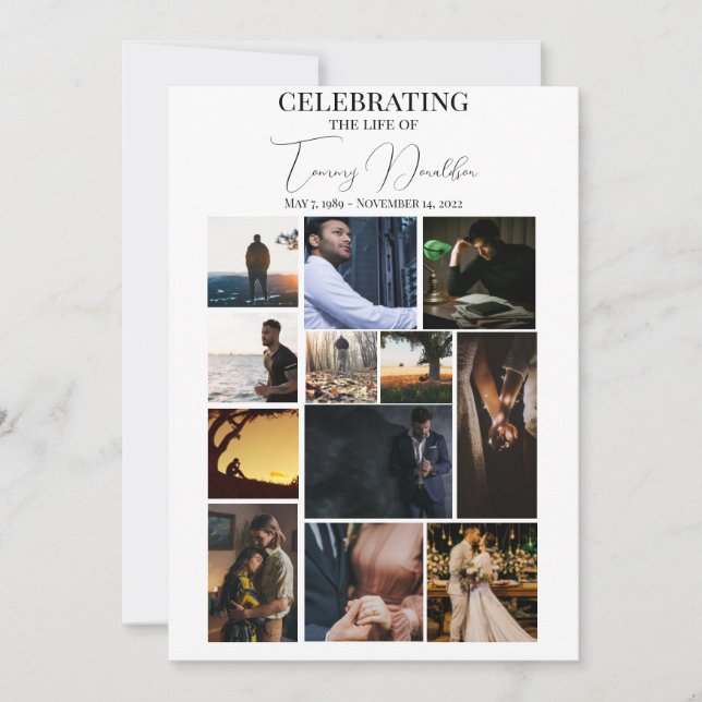 12 Photo Collage Celebrating Life Funeral Program Invitation (Front)